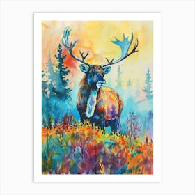 Caribou Colourful Watercolour 4 Art Print