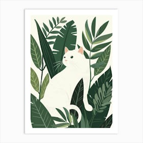 White Cat In Green Leaves Art Print