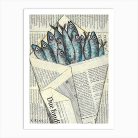 Small Fishes Anchovies In Bag On Newspaper Oil Painting Sardine Coastal Ocean Inspired Neutral Wall Decor Art Print