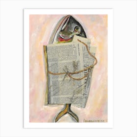 Fish Wrapped In Newspaper Sardine Coastal Minimal Retro Inspired Food Seafood For Kitchen Farmhouse  Art Print