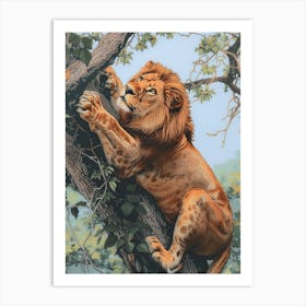Barbary Lion Relief Illustration Climbing A Tree 3 Art Print