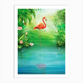 A Whimsically Styled Vibrant Green Flamingo Gently Glides Over The Serene Surface Of A Crystal Cle Art Print