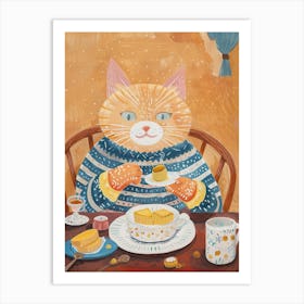 Brown Cat Having Breakfast Folk Illustration 1 Art Print