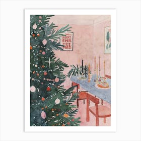 Christmas Dinner Table. Whimsical Gouache Interior Art Print