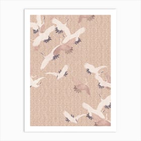Vintage Japanese Egret Birds Flight Pastel Terra Art Print