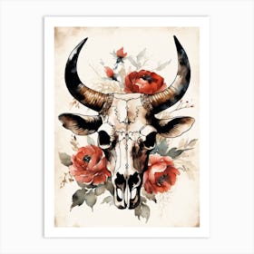 Vintage Boho Bull Skull Flowers Painting (5) Art Print