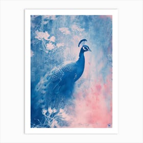 Peacock In The Meadow Cyanotype Inspired Art Print
