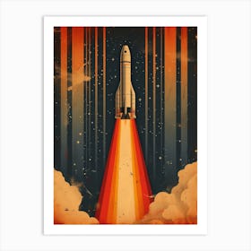 Space Odyssey: Retro Poster featuring Asteroids, Rockets, and Astronauts: Space Shuttle Launch Canvas Art 1 Art Print