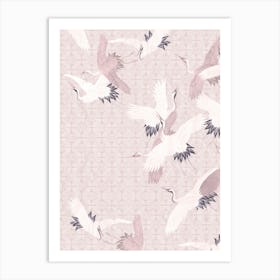 Vintage Japanese Egret Birds Flight Pastel Pink Art Print