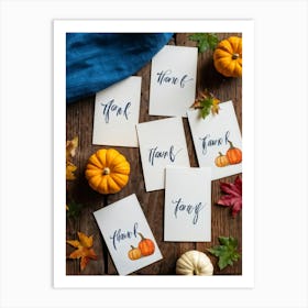 Assortment Of Wooden Thanksgiving Cards Arranged On A Rustic Wooden Table Backs Turned Towards The (2) Art Print