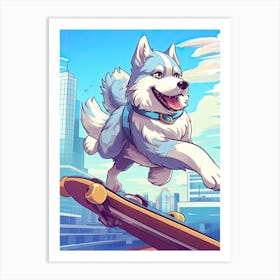 Alaskan Malamute Dog Skateboarding Illustration 3 Art Print