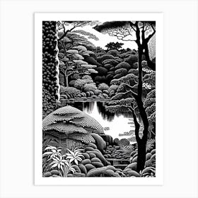 Portland Japanese Garden, Usa Linocut Black And White Vintage Art Print