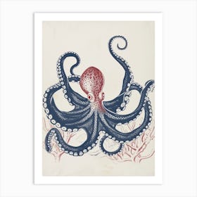 Navy Blue Linocut Inspired Octopus  2 Art Print