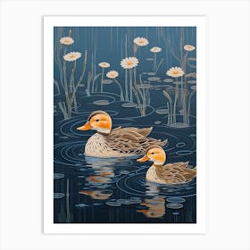 Ducklings In The Water Japanese Woodblock Style 5 Art Print