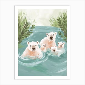 Polar Bear Family Swimming In A River Storybook Illustration 2 Art Print