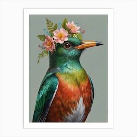 Kingfisher With Flower Crown European Robin Art Print