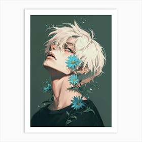 Anime Boy With Flowers Art Print