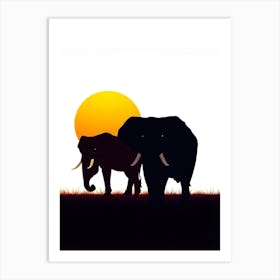 Silhouette Of Elephants At Sunset 1 Art Print