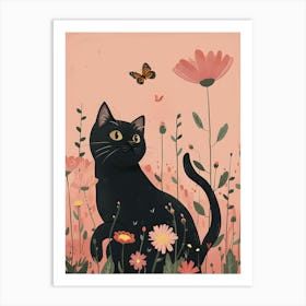 Black Cat In Flowers 1 Art Print