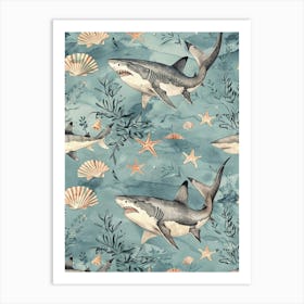 Pastel Blue Thresher Shark Watercolour Seascape Pattern 1 Art Print