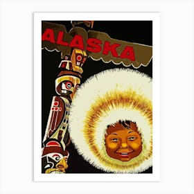 Alaska, Smiling Eskimo And A Wooden Totem Art Print