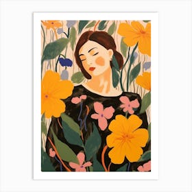 Woman With Autumnal Flowers Morning Glory 1 Art Print
