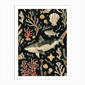 Smallscale Cookiecutter Shark Seascape Black Background Illustration 2 Art Print