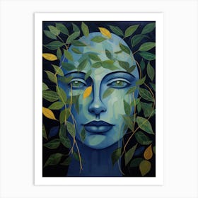 Blue Woman With Leaves Art Print