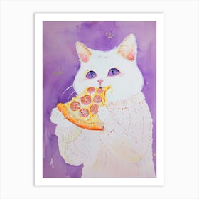 White Cat Eating Pizza Folk Illustration 2 Art Print