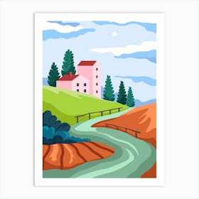 Scenery In Rural Area Village Or Town With River Art Print