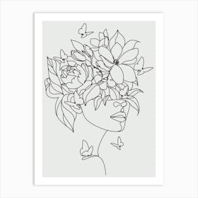 Woman With Flowers In Her Head line art Art Print