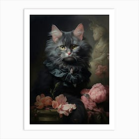 Black & Pink Cat Rococo Style 8 Art Print