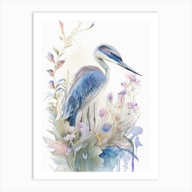 Blue Heron With Flowers Gouache 2 Art Print