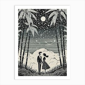 A Couple In Love Under A Starry Sky Near A Bamboo Grove Ukiyo-E Style Art Print