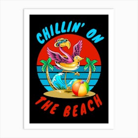 A Funny Flamingo Chilling On The Beach Wearing a Rubber Duck Inner Tube, Sunset and Waves Art Print