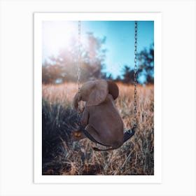 Baby Elephant Sitting On Swing In Garden Art Print