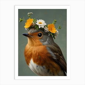 Bird With A Flower Crown European Robin Art Print 10 Art Print