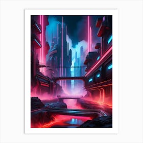 Cyberpunk industrial city with lava and river Art Print