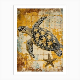 Sea Turtle & Star Fish Textured Collage 1 Art Print