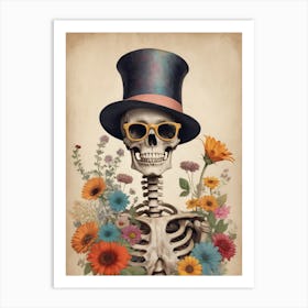 Vintage Floral Skeleton With Hat And Sunglasses (52) Art Print