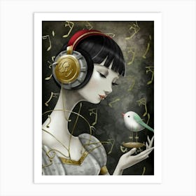 Girl With Headphones And A Bird 1 Art Print