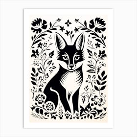 Fox In The Forest Linocut White Illustration 8 Art Print