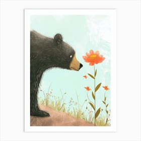 American Black Bear Sniffing A Flower Storybook Illustration 4 Art Print