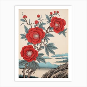 Higanatsu Red Camellia3 Vintage Japanese Botanical Art Print