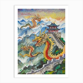 Mythical Chinese Dragons Flying Over The Great Wall Of China Art Print