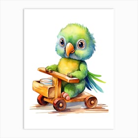 Baby Parrot On A Toy Car, Watercolour Nursery 2 Art Print