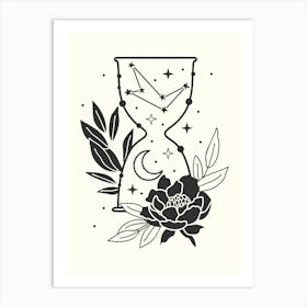 Hourglass With Flowers And Stars Monoline Hand Drawing Aesthetic Illustration Art Print