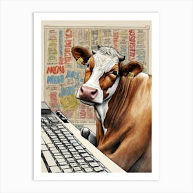 Cow At Computer Art Print