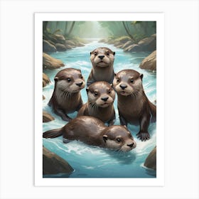 Otters In The River Playing Art Print