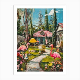 Retro Flamingoes In A Garden 7 Art Print